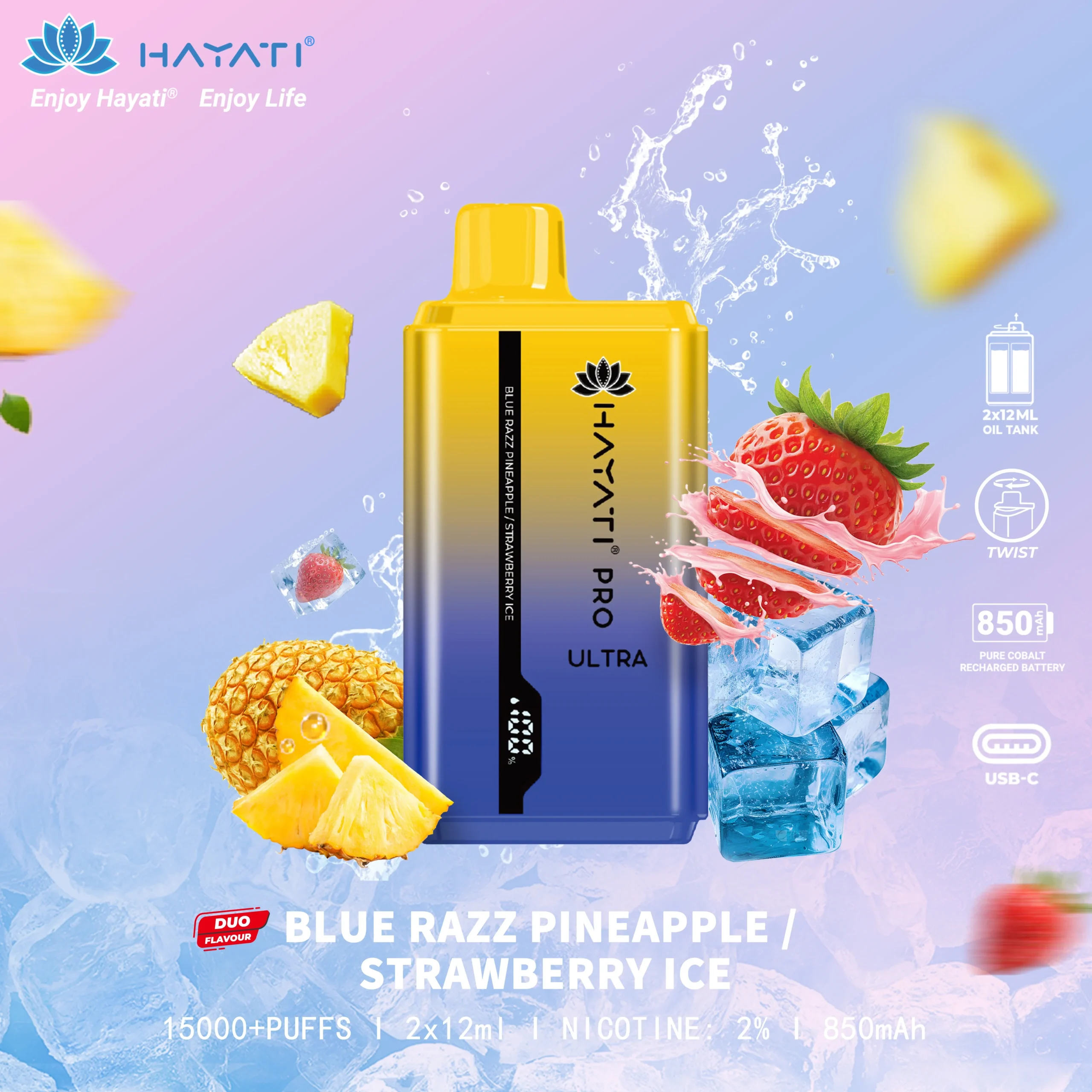 Hayati ultra disposable vape-pineapple and strawbaerry iceflavour with 6000 puffs of legal distribution of vapes